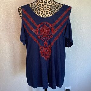 Lucky Brand Navy Blue & Red Embroidered Cold Shoulder Top – XL